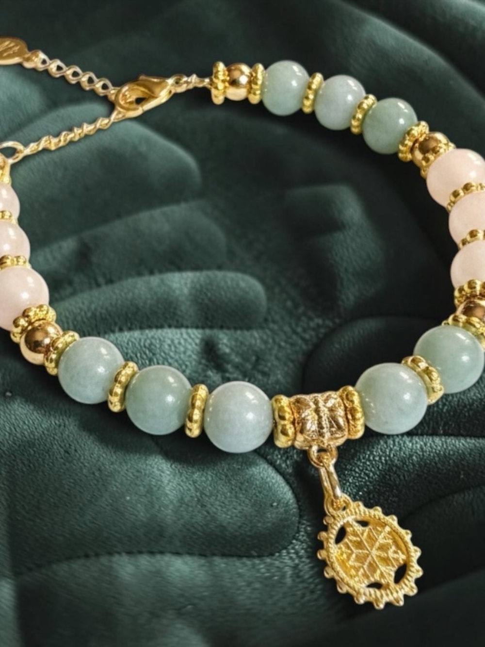 Gold Pendant Beaded Bracelet with Light Green and Pale Pink Jade Gem Beads